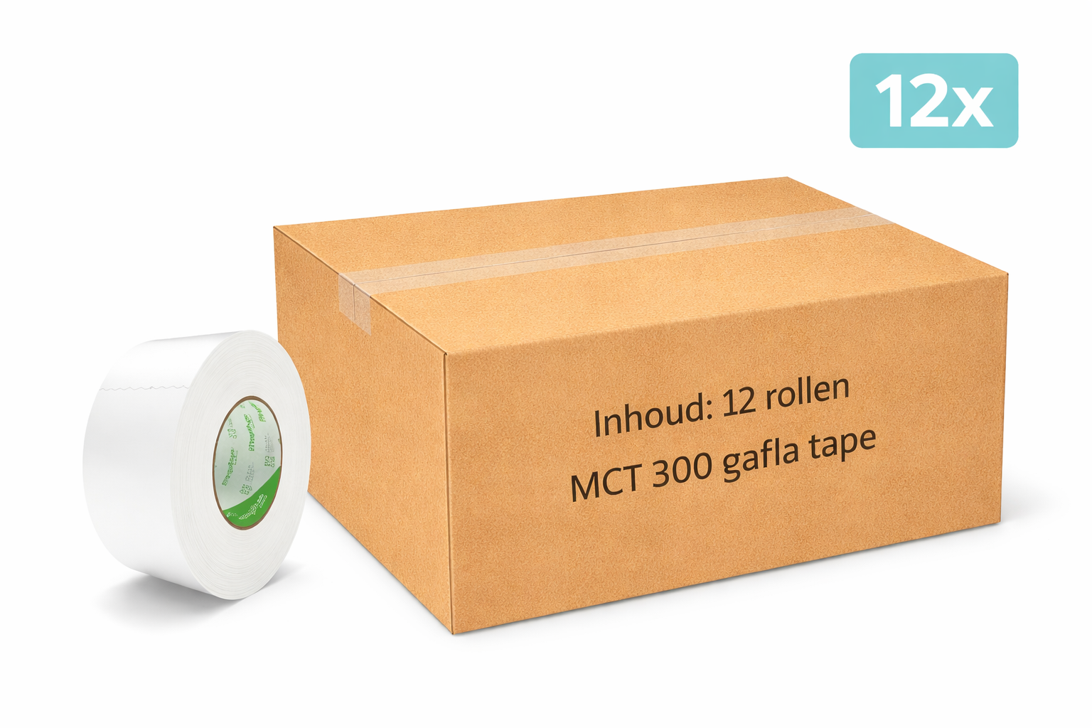 doos met 12x MegaTape MCT 300 Gaffa tape 75 mm wit rol 50m voor events, theater en beurzen