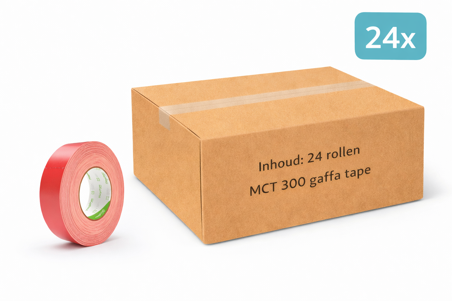 doos met 24x MegaTape MCT 300 Gaffa tape 38 mm rood rol 50m voor events, theater en beurzen