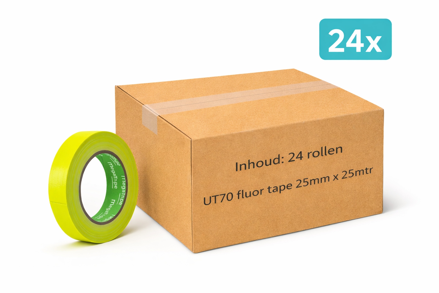 doos met 24x MegaTape UT70 fluor gaffa tape 25 m op rol 25 mm geel voor events, theater en beurzen