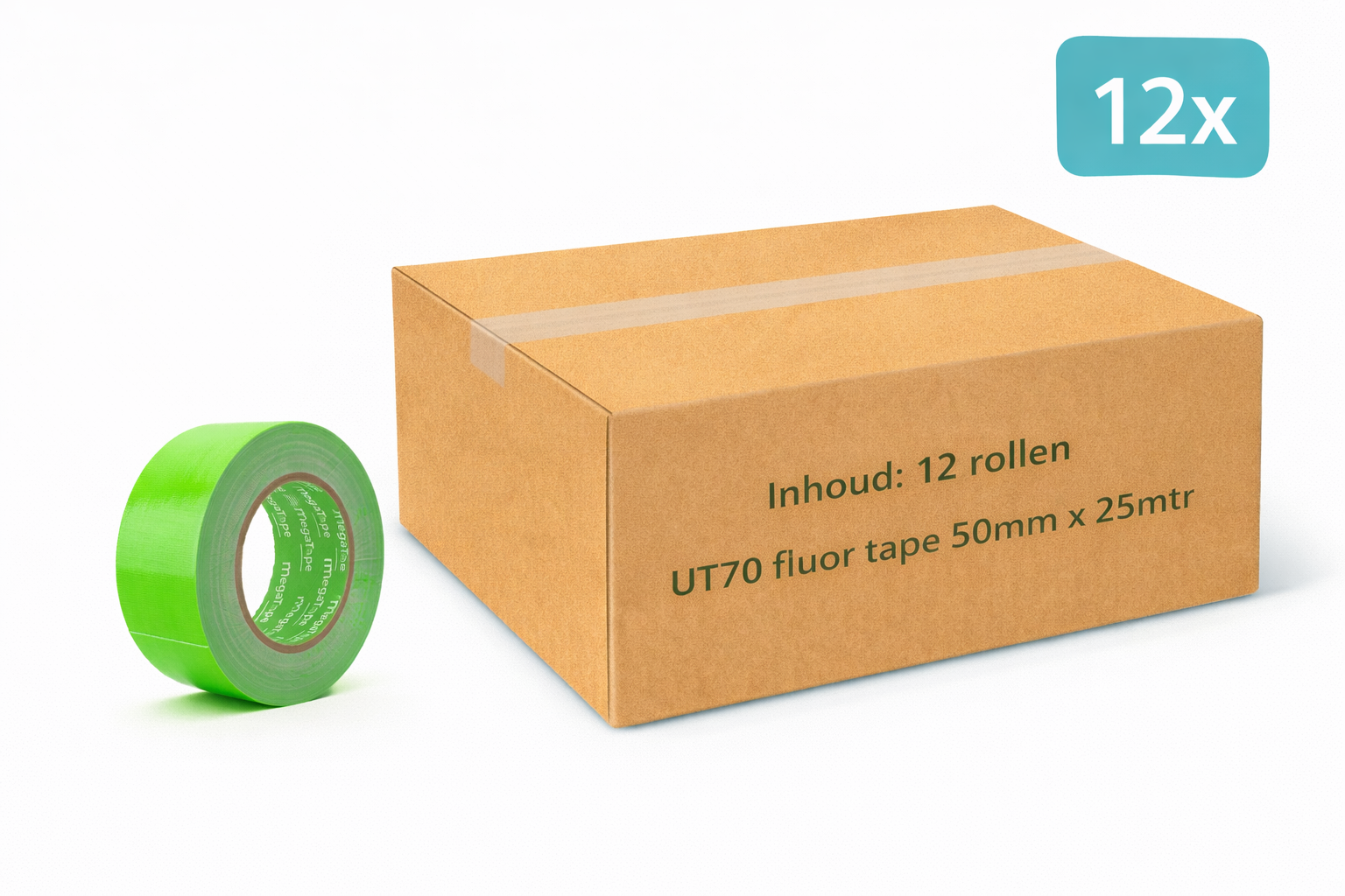 doos met 12x MegaTape UT70 fluor gaffa tape 25 m op rol 50 mm groen voor events, theater en beurzen