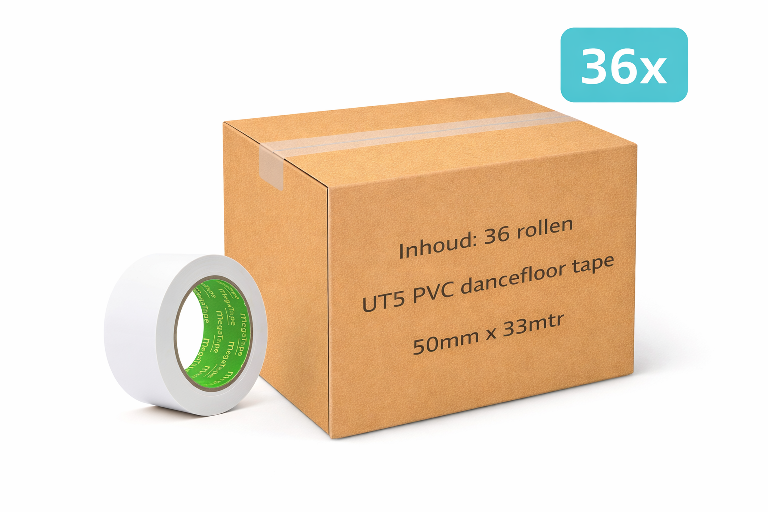 doos met 36x MegaTape UT5 PVC dansvloer tape 33 m op rol 50 mm wit voor events, theater en beurzen