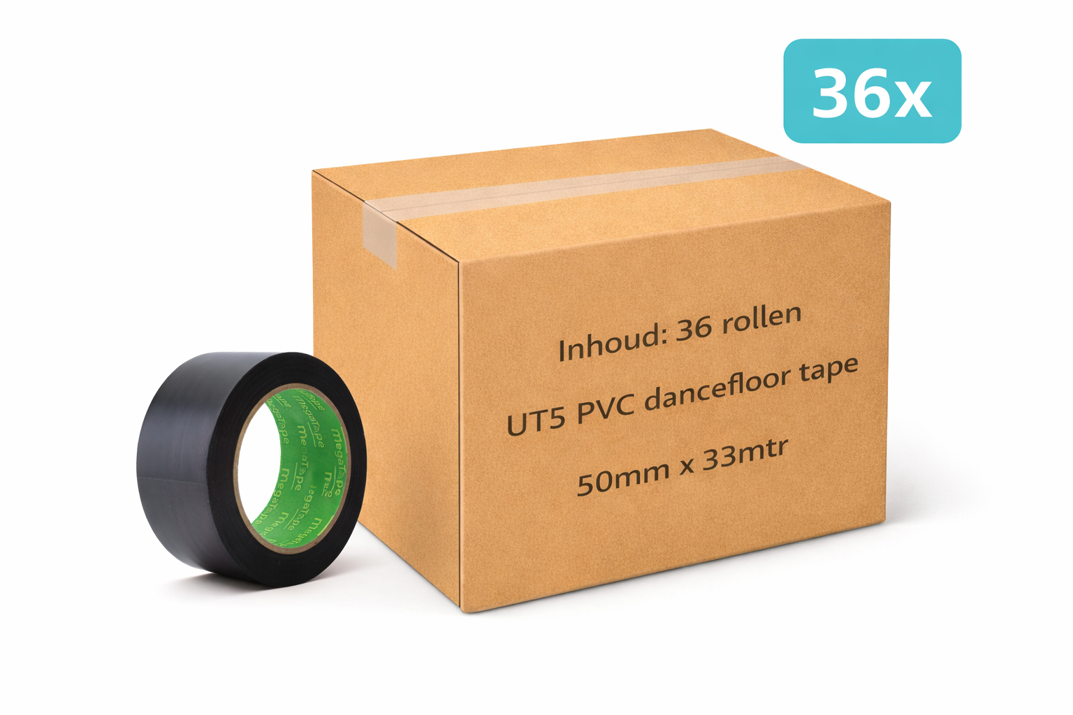 doos met 36x MegaTape UT5 PVC dansvloer tape 33 m op rol 50 mm zwart voor events, theater en beurzen